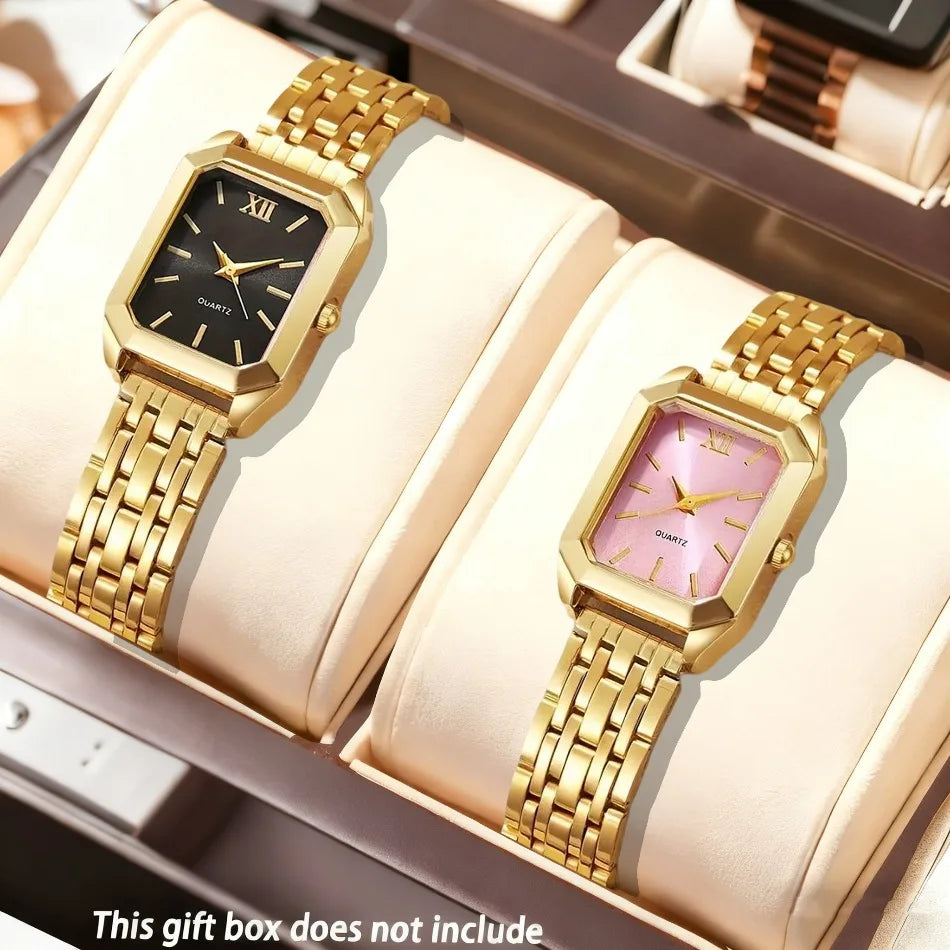 2pcs Women'S Watch Set - Elegant Square Quartz Watches with Stainless Steel Bands, Perfect Gift for Her, Giving Best Gift Sets