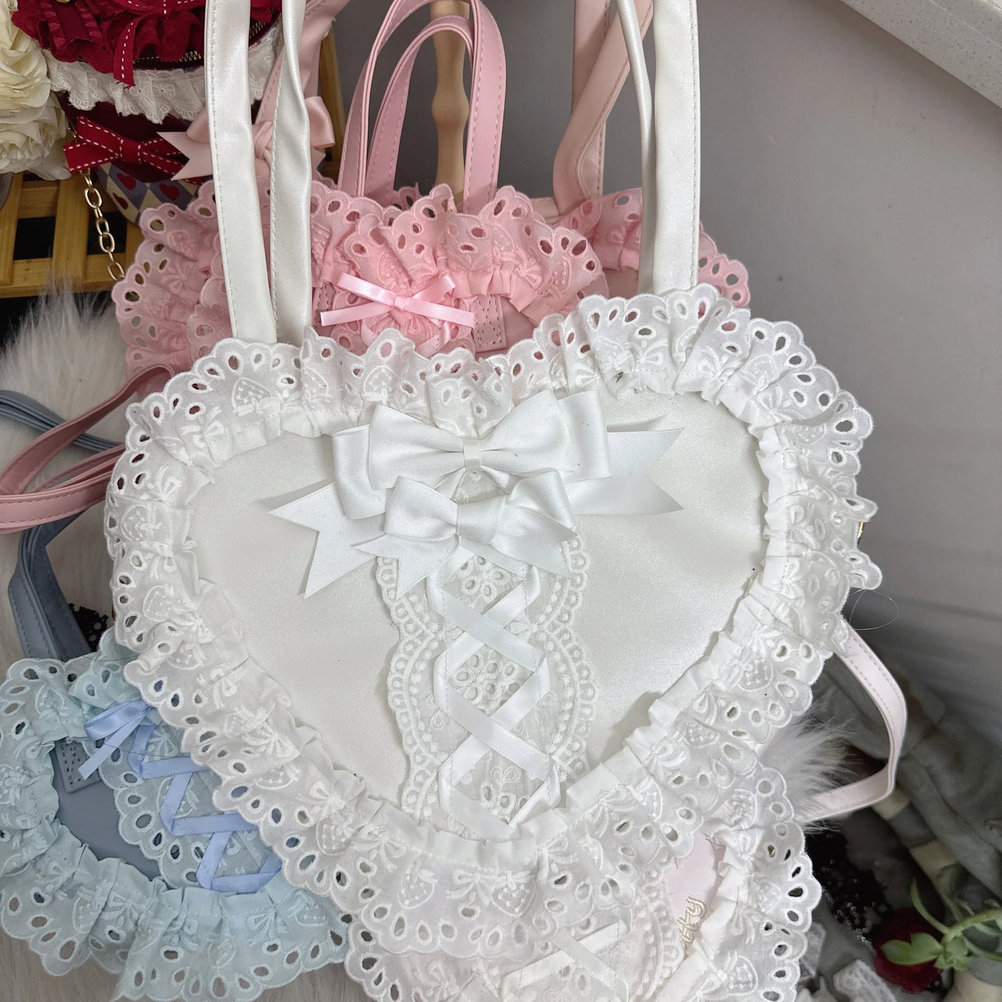 Lolita Handmade Love Heart Lace Flower Cute Shoulder Bag Sweet Girl Students Bow Tote Handbags