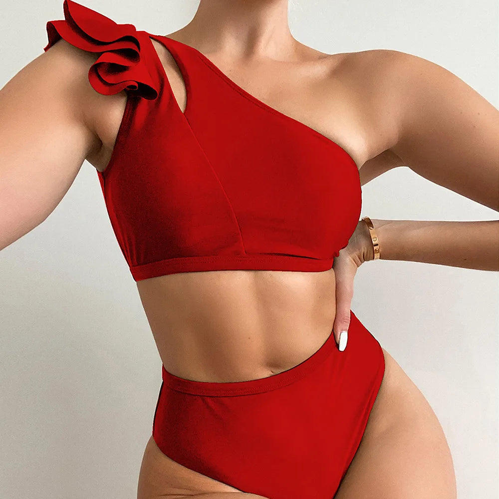 One Shoulder Bikinis 2025 Women Ruffle Swimsuit Solid High Waist Swimwear Female Padded Bathers Bathing Swimming Suit Beachwear