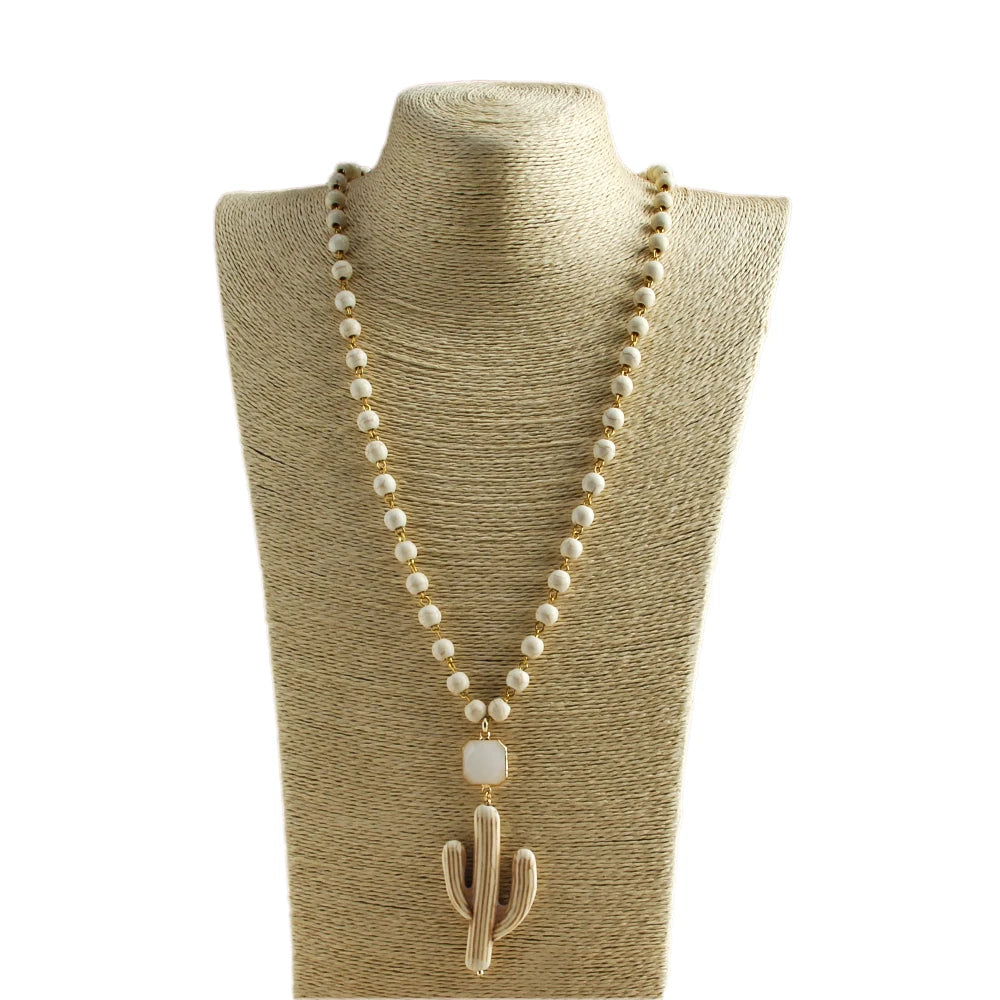 Fashion Knotted Flat White Stone Crystal Link Ethnic Cactus Necklace Bohemian Tribal Jewelry