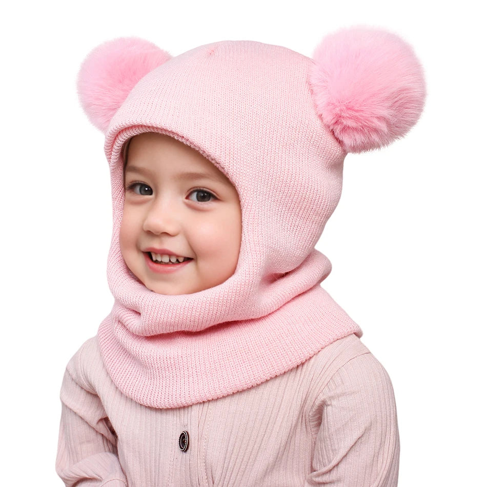 Kids Autumn Winter Pullover Hat Children's Double Ball Ear Protection One-piece Hats Baby Yarn Knit Cap Balaclava Christmas Gift