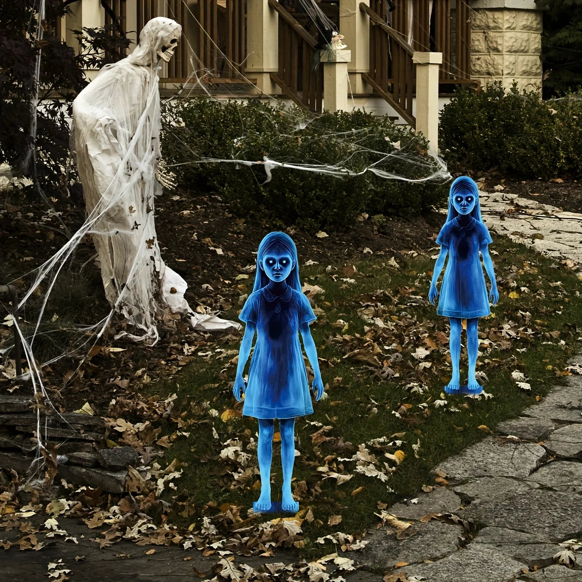 2pcs Halloween Metal Yard Signs: Twin Ghosts Garden Stake Outdoor for Yard, Patio, Garden and Party, Spooky Carnival Theme