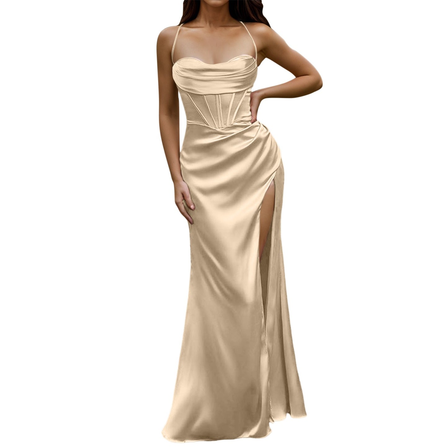 Women Sexy Satin Corset Maxi Dress Silky Strap Push Up Fishbone Ruched Evening Party Long Dresses Chic Elegant A-Line Dress