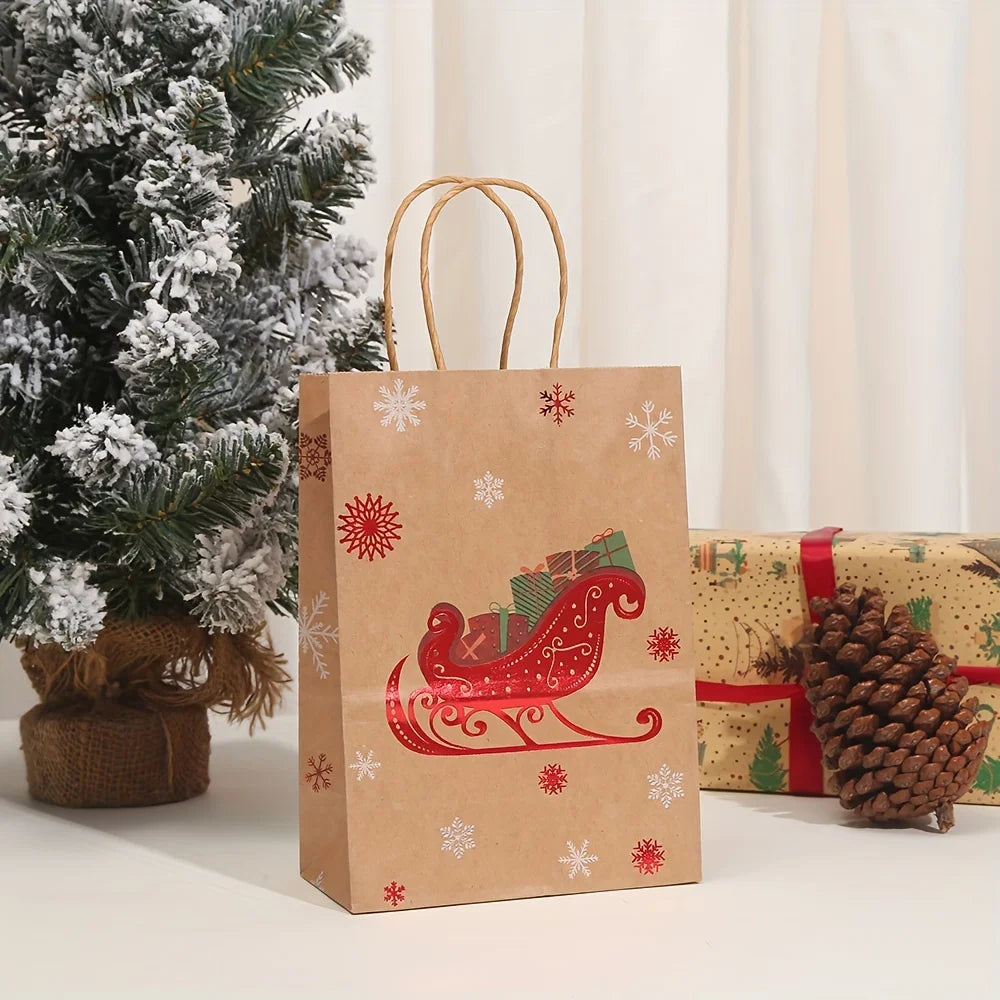 Festive Christmas Gift Bags - 20.5cm x 14.99cm x 7.98cm Brown Kraft Paper Tote Bags with Holiday Designs Christmas paper bag