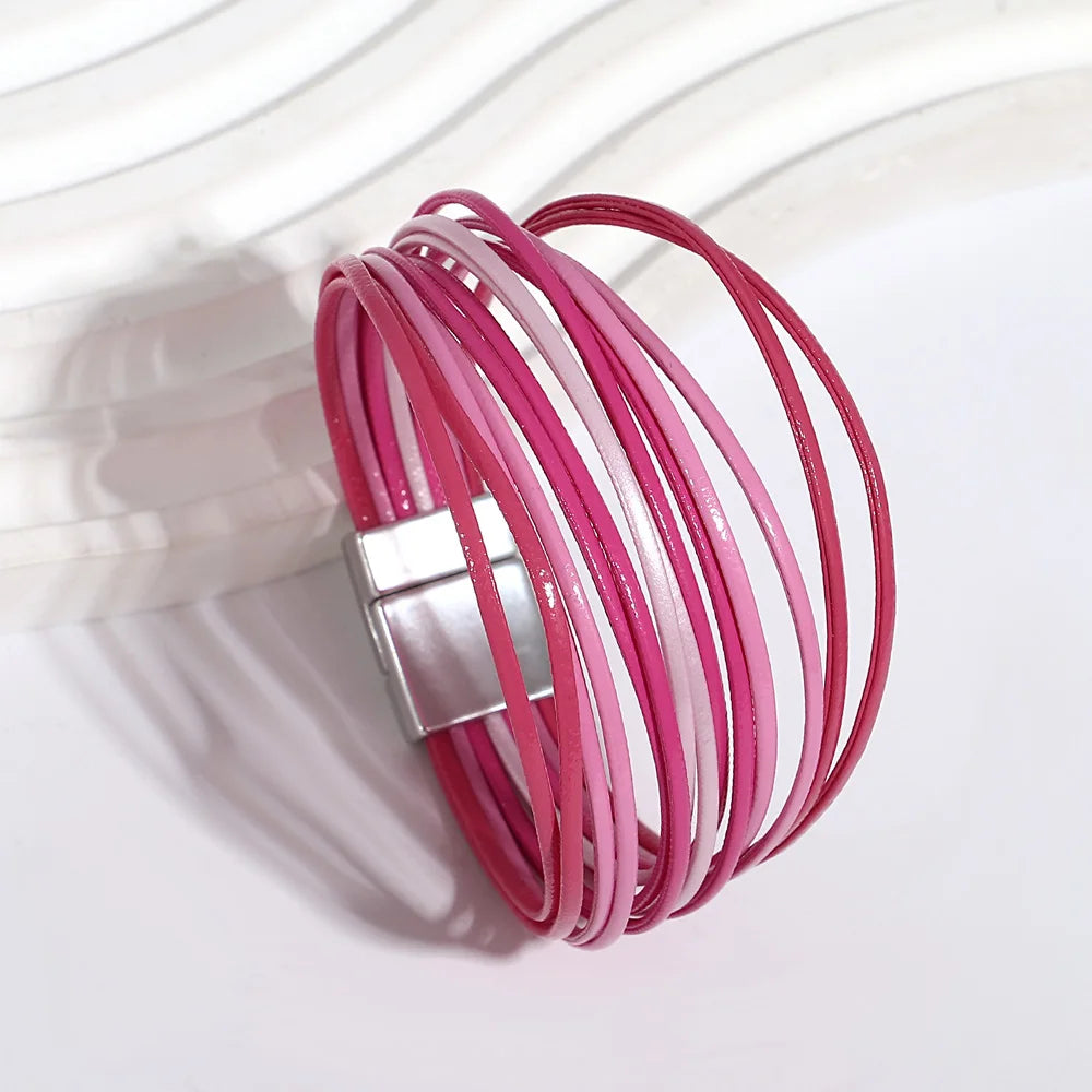 ALLYES Multicolor Rainbow Leather Bracelet Party Jewelry Gifts Fashion Multilayer Slim Strips Wrap Bangle Bracelets for Women