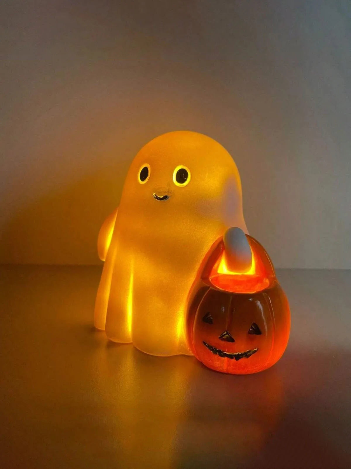 Cute Ghost Figurine with Pumpkin Bag - Luminous Resin Ghost Halloween Statue Desktop Ornament,For Halloween Decoration