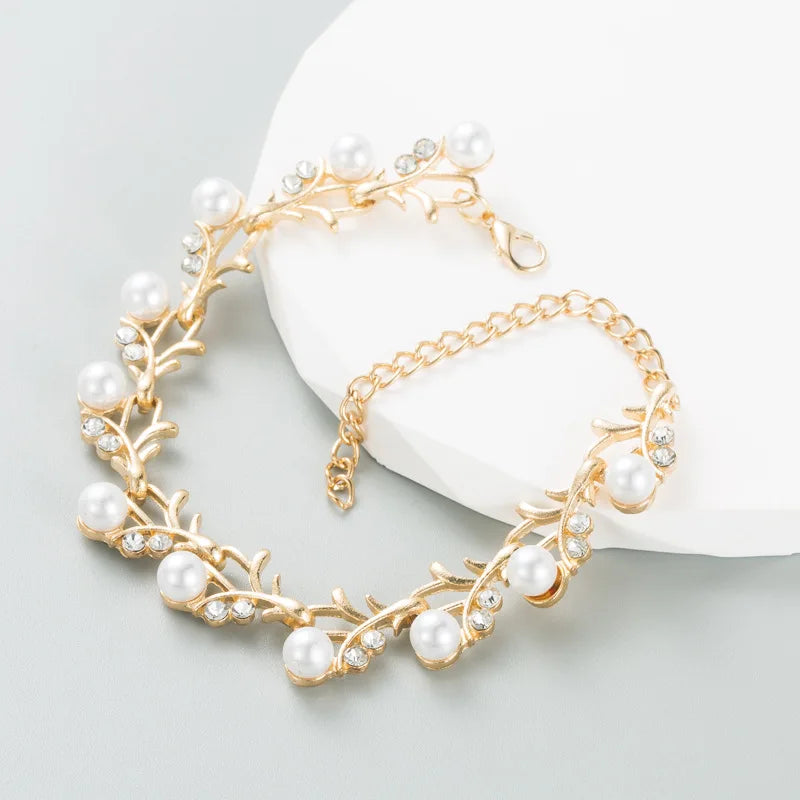 Classic Imitation Pearl Necklace Earring Bracelet for Women Kpop Fashion Gold Color Zircon Wedding Jewelry Sets Bride Accesories