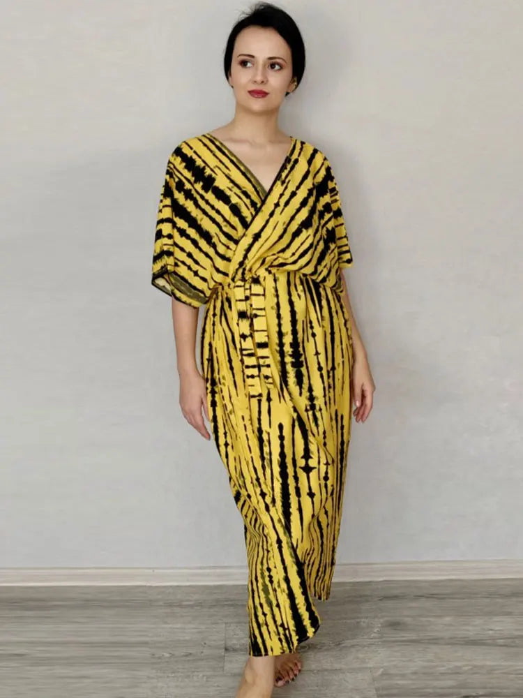2023 Bikini Cover-ups Black Retro Striped Self Belted Women Summer Clothing Kimono Dress Beach Wear Swim Suit Cover Up Q1225