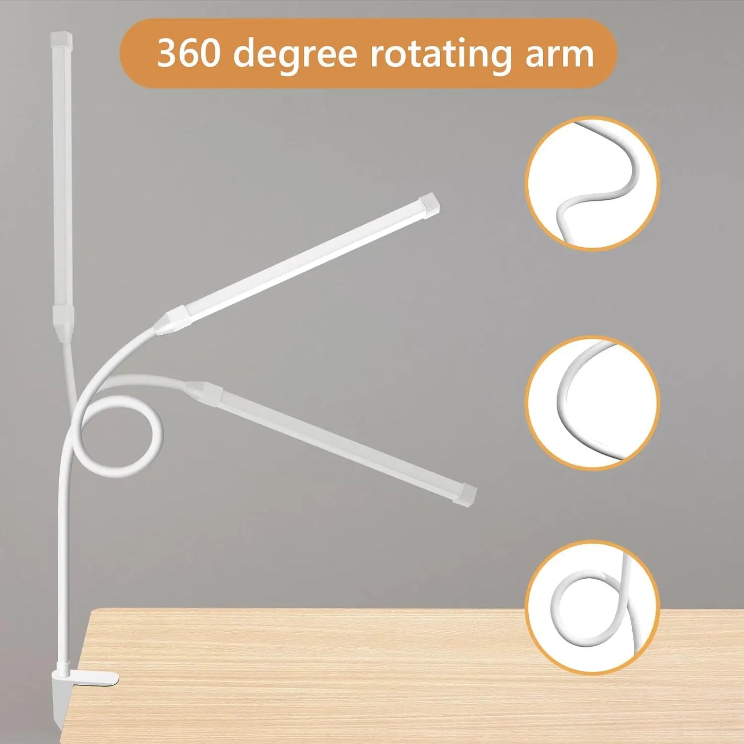 A LED Desk lamp with Clamp, Eye-Caring Clip on Lights for Home Office, 3 Modes 10 Brightness, Long Flexible Gooseneck,Metal