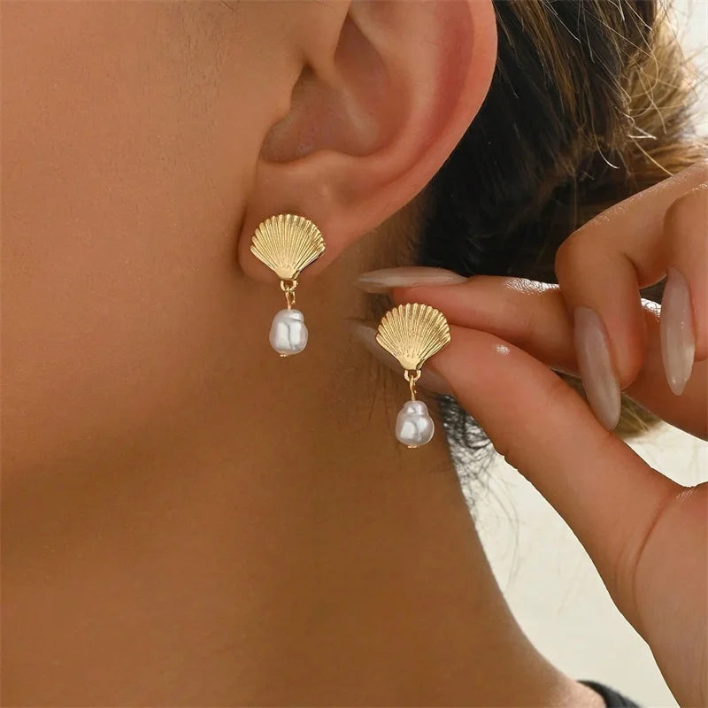 Fashion Asymmetric Ocean Style Earrings Stud  For Women Starfish Shell Earring Ear Ring Imitation Pearl Zircon Jewelry Gift