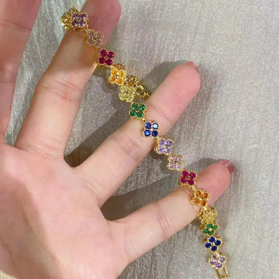 UILZ 1pc Rainbow Colorful Clover Zircon Bracelet Fashion Charm Gorgeous Charm Exquisite Cute Sweet Shining Crystal Jewelry Gift