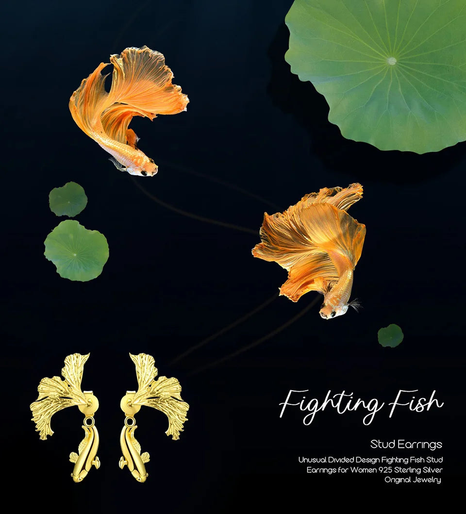 Lotus Fun 18K Gold Unusual Divided Design Fighting Fish Stud Earrings for Women Real 925 Sterling Silver Original Fine Jewelry