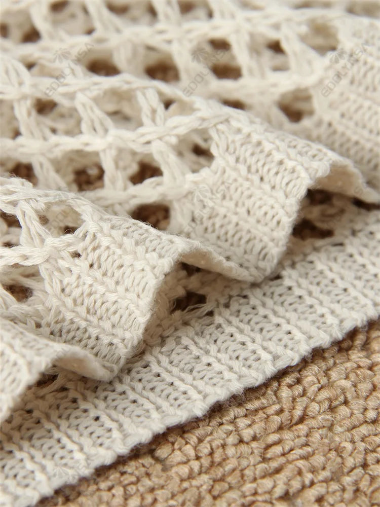 Solid Colour Beach Knit Mini Dress Women's Summer Sexy Hollow Out Long Sleeve Swimsuit Cover Up Boho Holiday Loose Beachwear K17