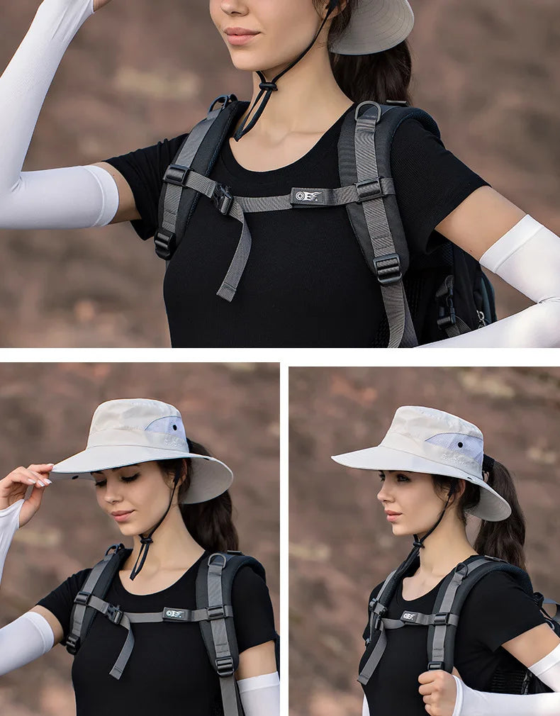 Women Summer Adjustable Bucket Hat with a Ponytail Hole Girls Sun Protection Hiking Cap Parent-child Outdoor Wide Brim Headgear