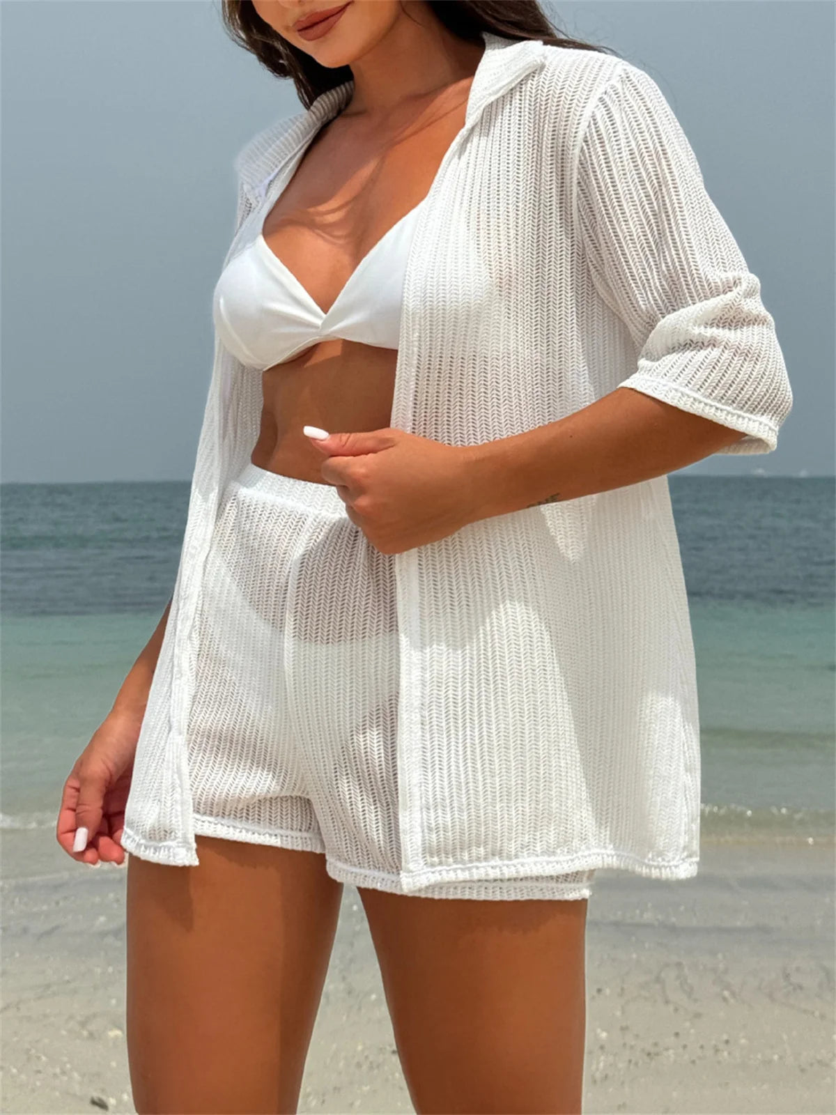 Summer 4 Piece Bikinis Sets Women Black White Mesh Half Sleeve Cover Up with High Waist Panties Swimsuit Bathing Suit Swimwear