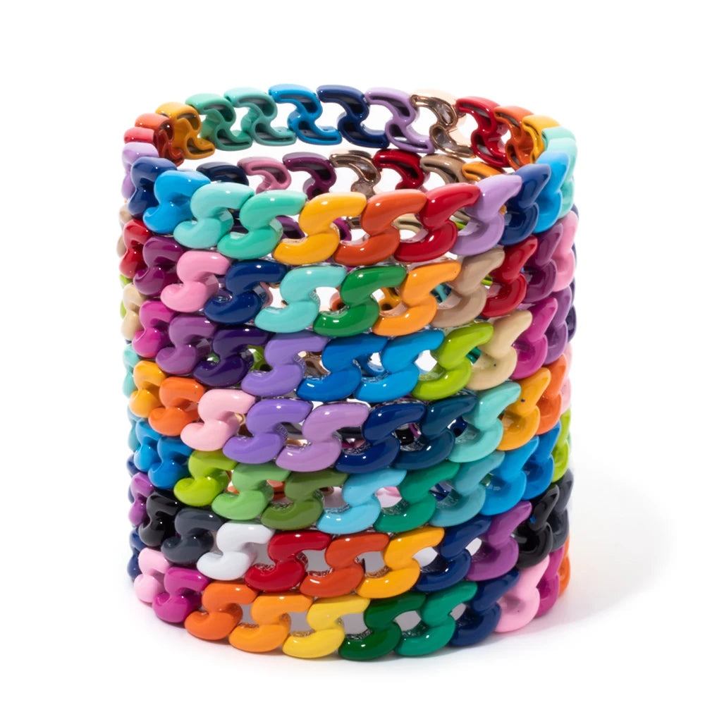 Rainbow Color Link Chain Shape Enamel Bracelets For Women Boho Beaded Bangle Accessory