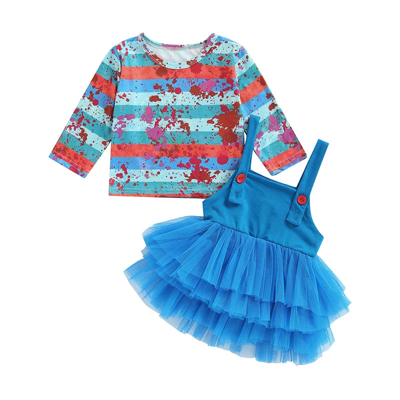 FOCUSNORM 1-5Y Lovely Little Girls Halloween Clothes Sets Bloody Stripe Print Long Sleeve Tops and Lace Tulle Suspender Skirt