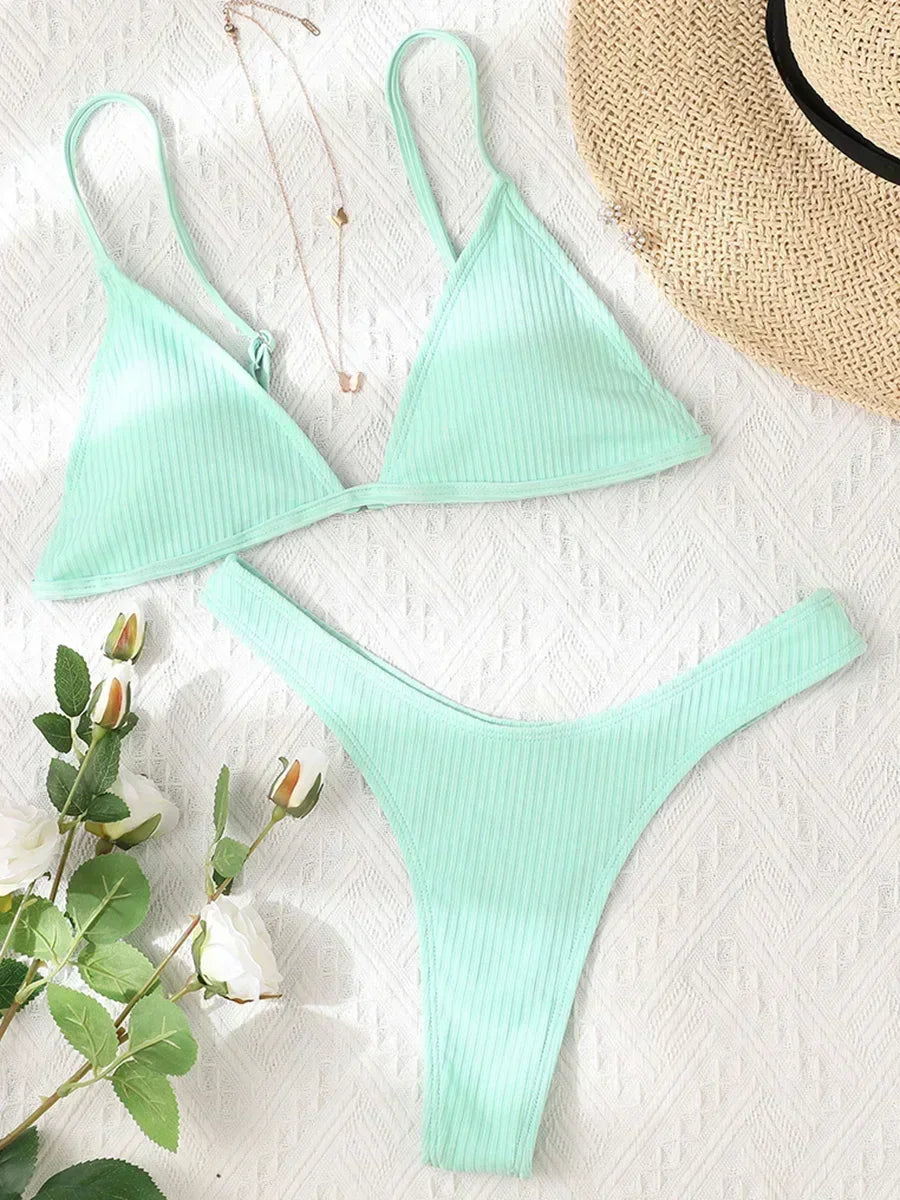 Bandeau Tanga Bikinis Ribbed Bikini 2025 Sexy High Cut Bikini Set Brazilian Swimsuit Thong Swimwear Women Girls Swimming Suit