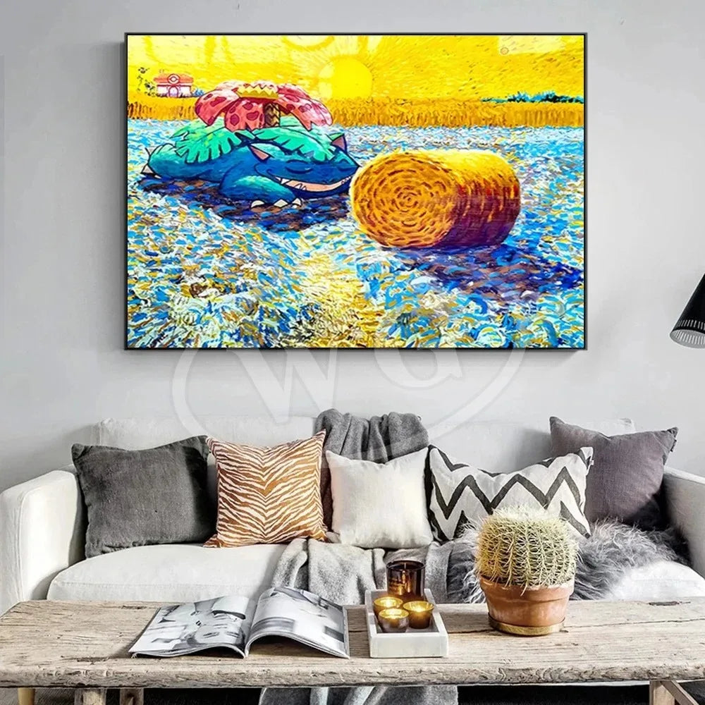 Van Gogh Museum Pocket Monster Anime Character Pikachu Canvas Painting Poster Living Room Bedroom Decoration Christmas Gift