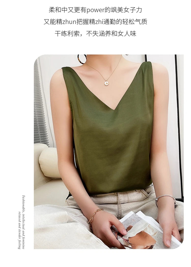 Women's New Four Seasons Inner Wear Silk Suspenders 2022 V-Neck Solid All-Match Satin Vest Soft Loose Thin Lady Sleeveless Tops