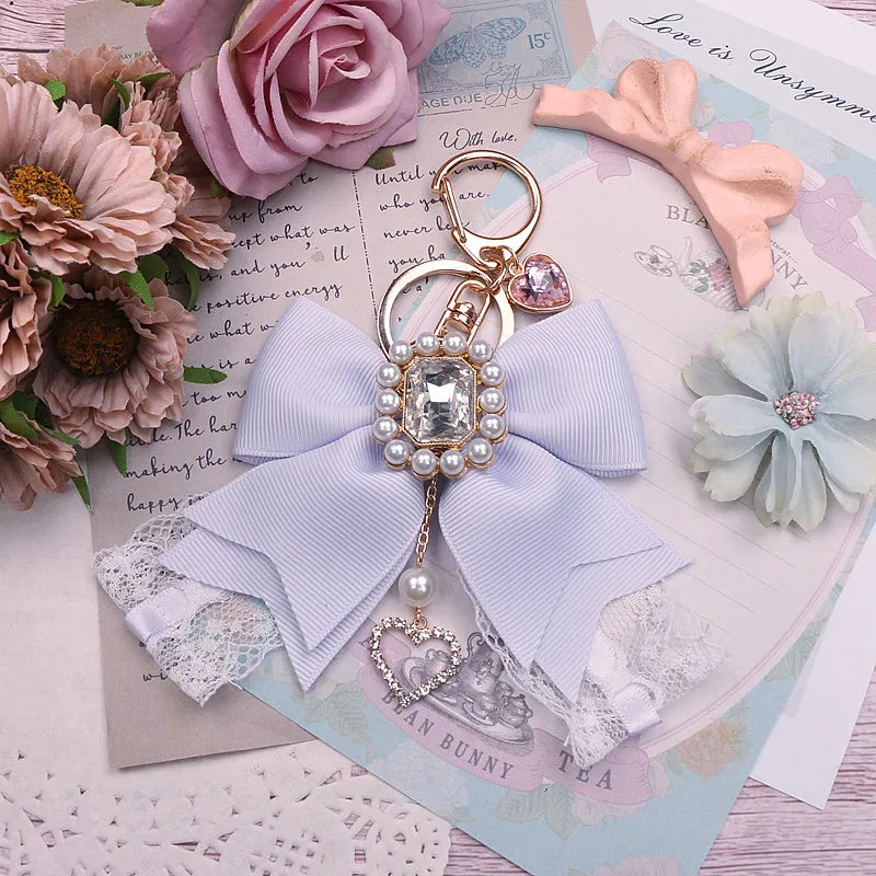 Japanese Sweet Cute Handmade Rhinestone Bow Hairpin Pearl Lace Hairclips Lolita Women Girls Side Clip Bag Pendant Handbag Charms