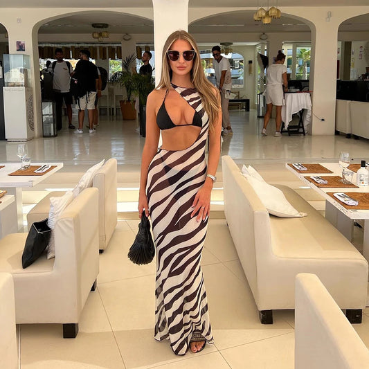 Sexy Zebra Stripes 3 Pieces Bikini Set 2023 Summer Beach Wear Hollow Out Bikinis Swimsuit With Beach Skirt Swimwear Cover-up