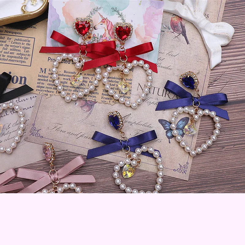 Dainty Japanese Style Women's Bow Earing Sweat Pearl Heart Earings Rhinestone Pendant Heart Earrings Accessories for Girl