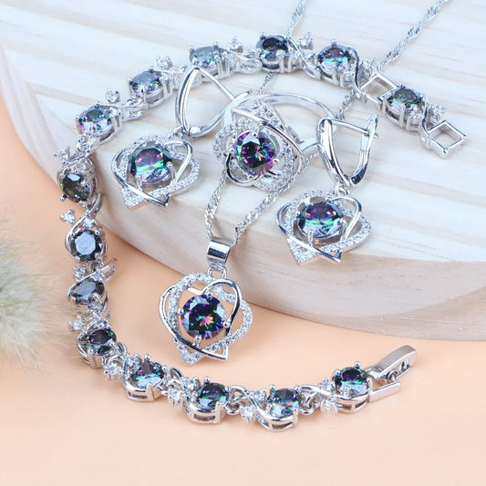 Natural Magic Rainbow Zircon Jewelry Sets Bridal Luxury Bracelets Earrings Rings Pendant Wedding Necklace Set For Women Jewelry