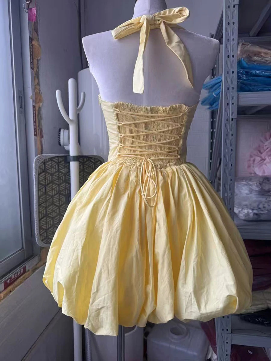 VGH Sexy Temperament Tunic Ball Gown for Women Halter Sleeveless Patchwork Lace Up Short Prom Dresses Female Clothing Fashion