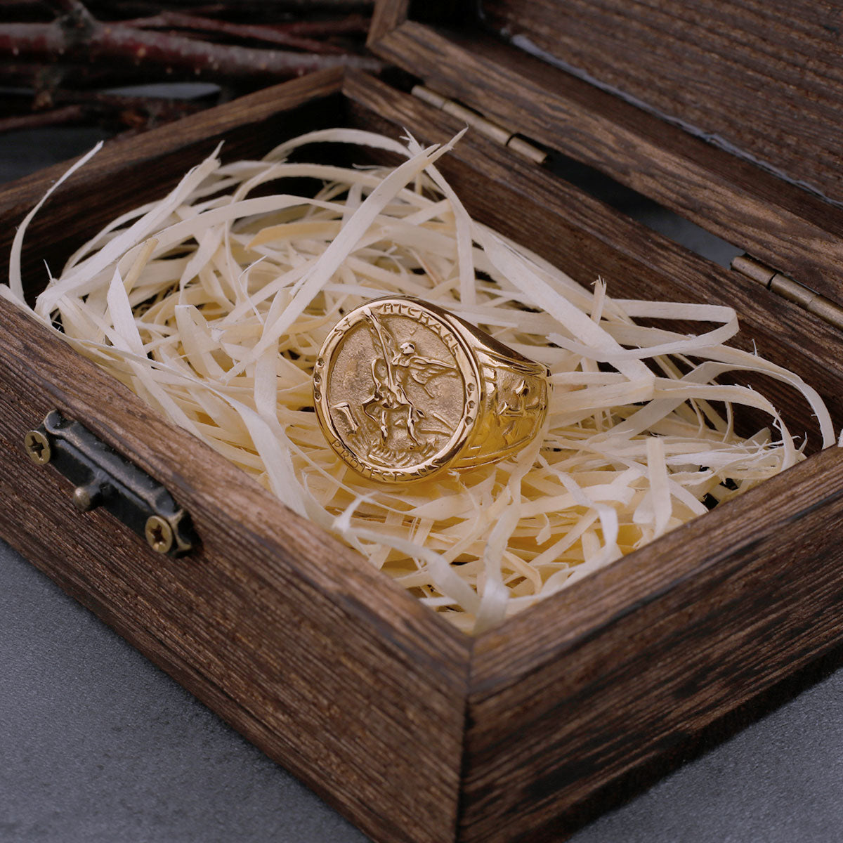 Never Fade Archangel Saint Michael Exorcism Ring Men's Punk Hip Hop Amulet Ring Stainless Steel Jewelry Party Gift Wooden Box