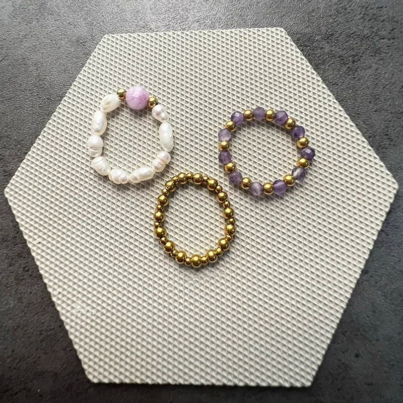 Boho Purple Tourmaline Ring Sets For Wedding Fashion Handmade Jewelry Freshwater Pearl Women Rings Stainless Steel