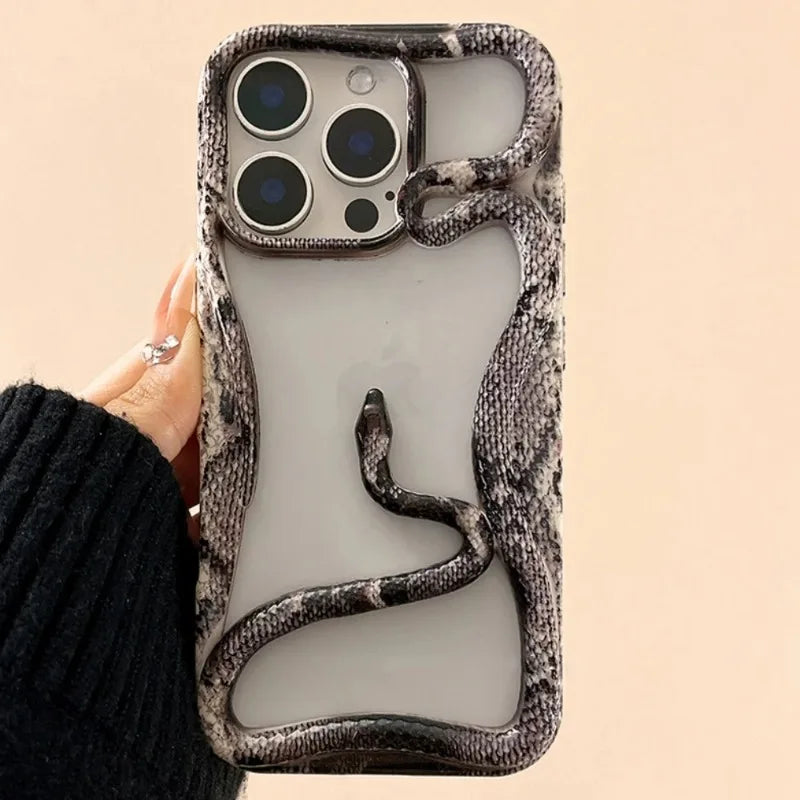 Luxury Stylish 3D Snake Hollow Phone Case For iPhone 16 Pro Max 15 14 Plus 13 12 11 Shockproof Skin Glossy Grain Cooling Cover