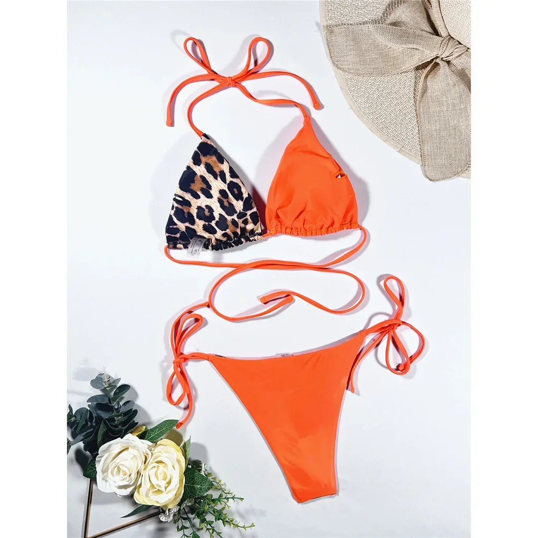 Halter Splicing Leopard Bikinis 2025 Satin Bikini Female Swimsuit Women Swimwear Two-pieces Bikini Set Micro Bathing Suit Swim