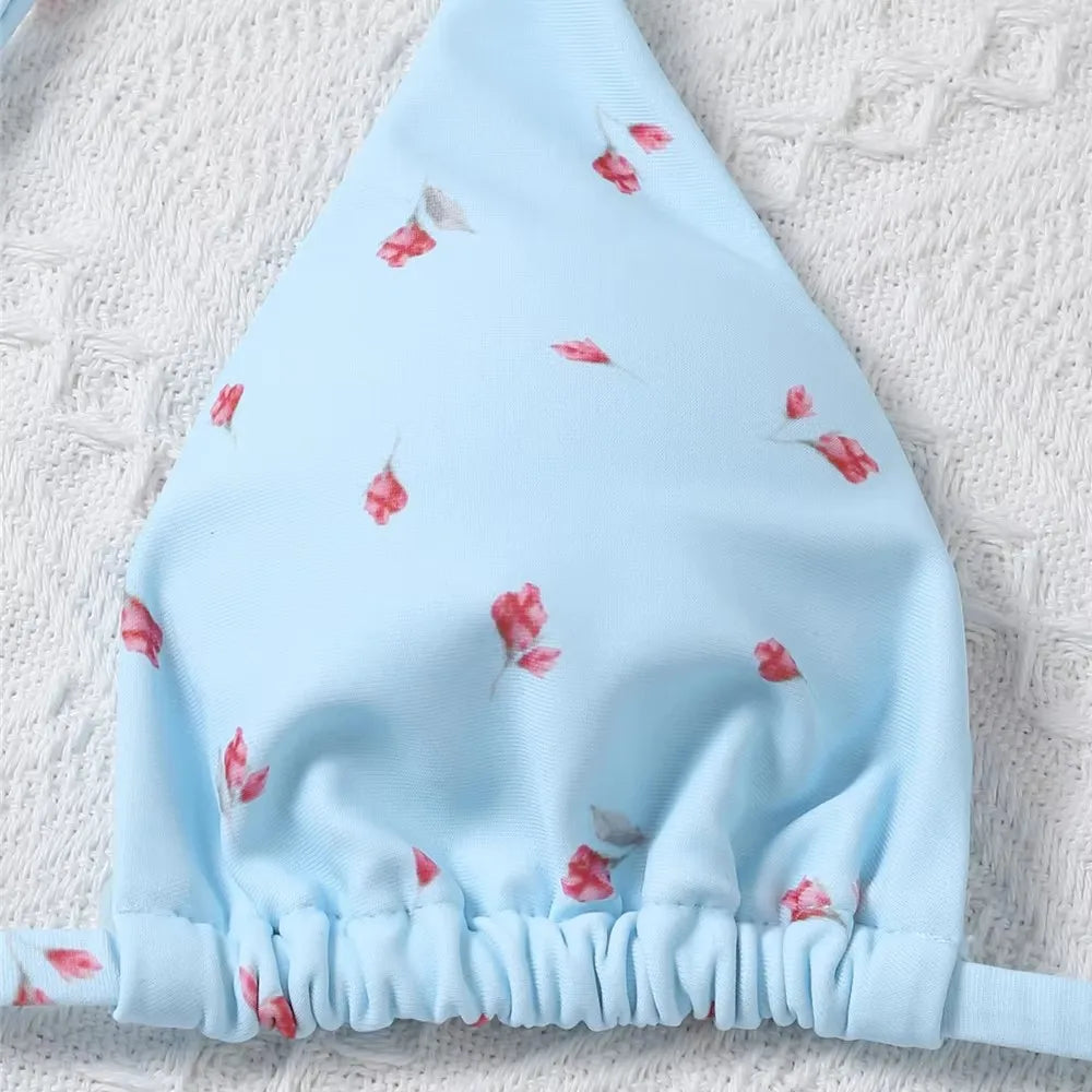 Sexy Black Floral Print Holiday Swimwear String Triangle 3 Piece Bikini Set Sexy Swimsuit Women Biquinis 2025 Bikinis De Mujer