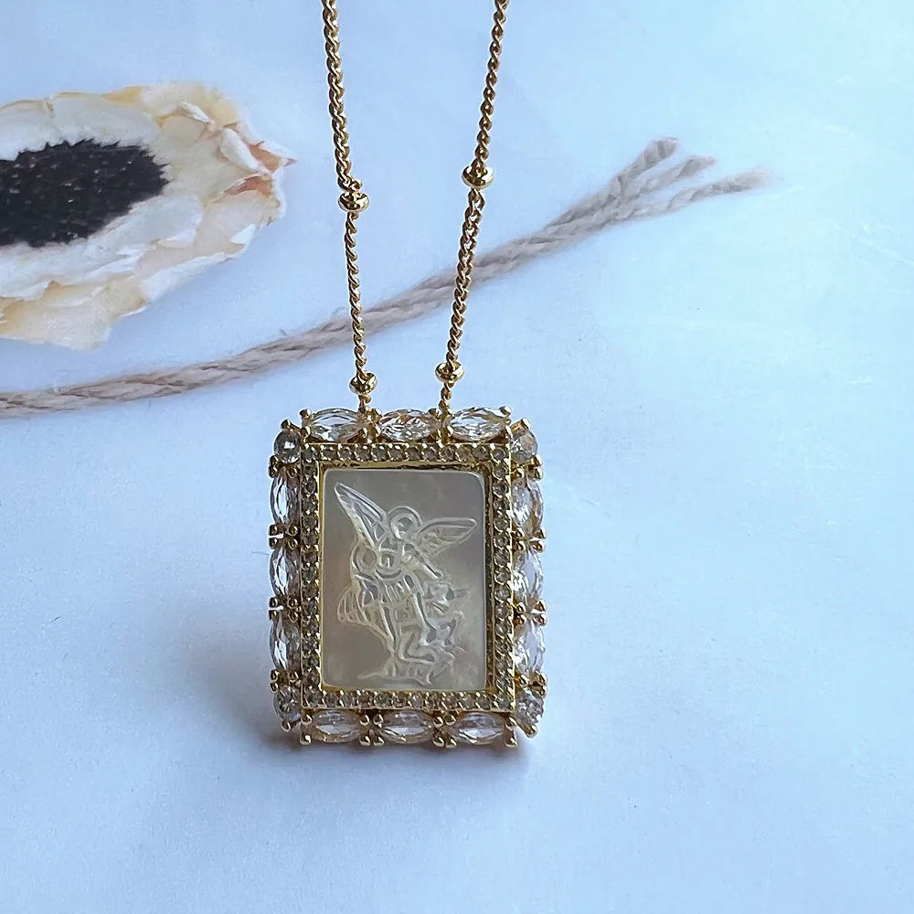 Natural Mother Pearl Shell Virgin Mary Guadalupe San Benito Charm Necklace Rectangle Religious Medals Necklace for Women & Gift