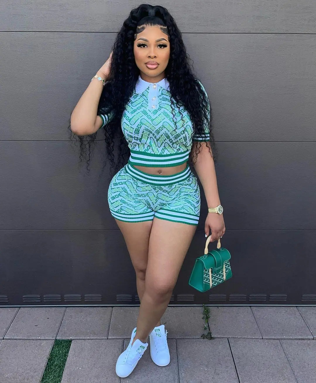 HLJ Blue Summer Printing Shorts Two Piece Sets Women Polo Nack Crop Top And Shorts Outfits Fashion Y2K Matching 2pcs Streetwear