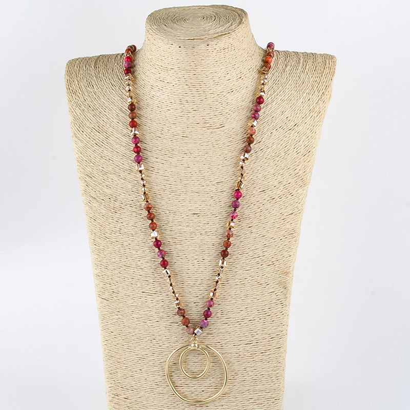 Fashion Bohemian Jewelry Accessory 6mm Stones/Crystal Knotted With Metal Round Pendant Necklaces Women Boho Gift
