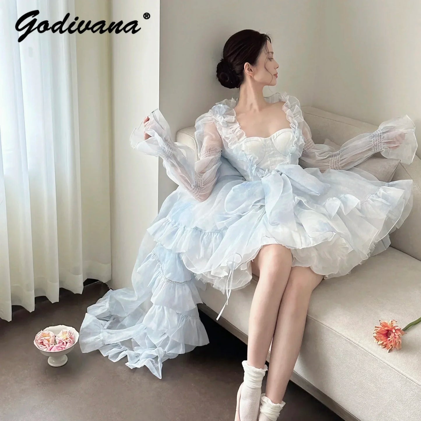 French Style Flower Wedding Dress Lolita Sweet Girl Women Fairy Tube Top Sling Dress with Long Cardigan Birthday Princess Dress