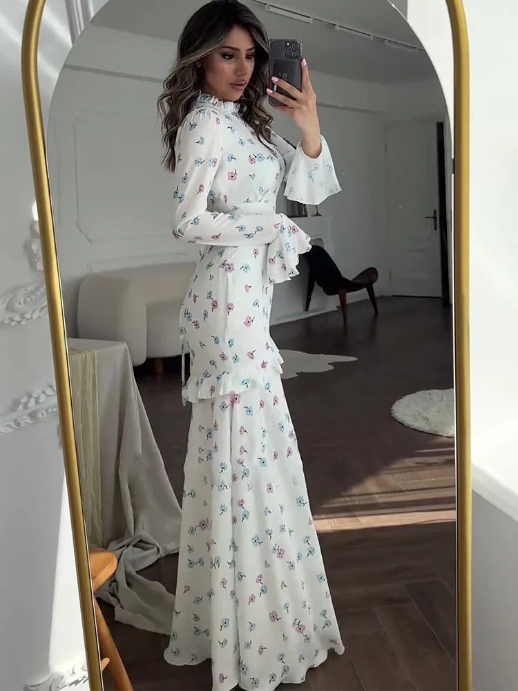 Tossy Ruffle Printed Long Sleeve Long Dress Women's Elegant Contrast Color Slim Fit Lace Waist Casual Summer Fashion Long Dress