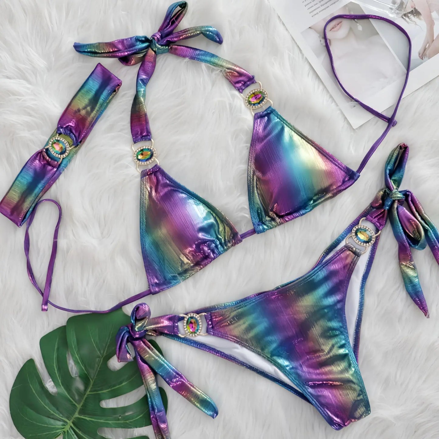 2025 New Diamond Rhinestone 3pcs Bikinis Set Crystal Patchwork Push Up Bandage Female Swimsuit with Hairband Bather Bathing Suit