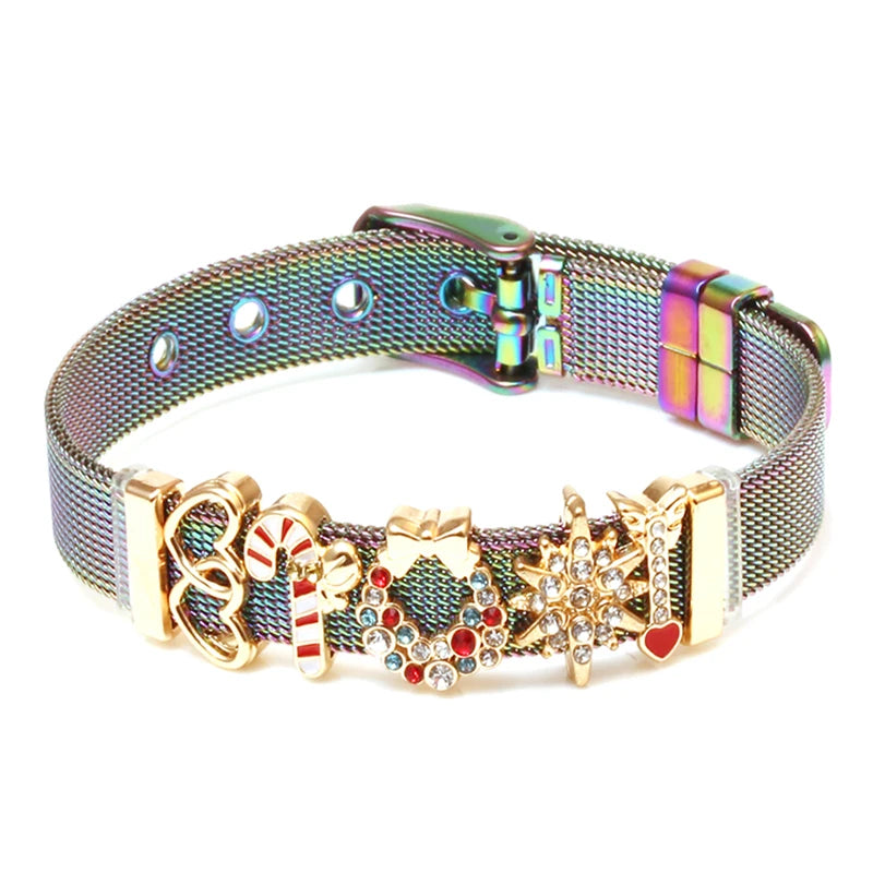 Silver Color Stainless Steel Mesh Bracelets For Women Crystal Santa Claus Beads Charm Watch Belt BraceletsBangles Christmas Gift