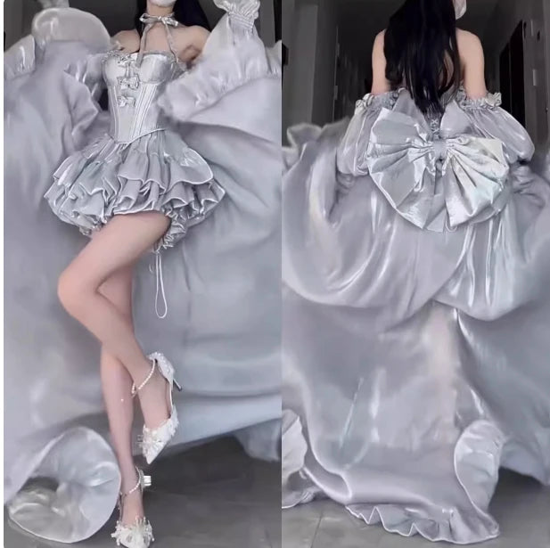 High Street Women's Mint Green Strapless Bowknot Sweet Fairy Organza Dress 2024 New Elegant Big Bow Trailing Party Wedding Dress