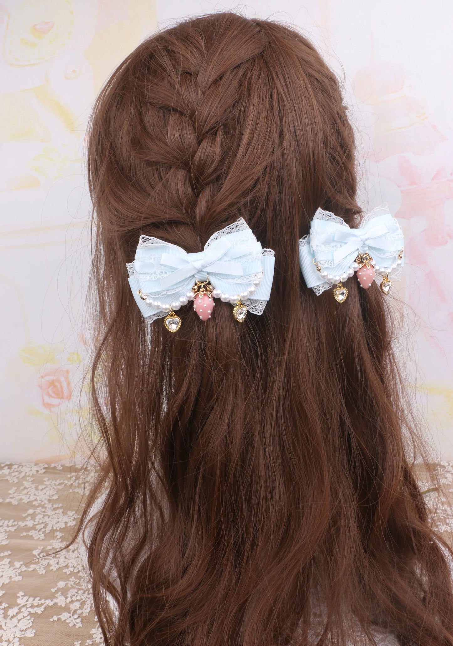 Larme Kei Lace Hair Clips Sweet Girl's Beaded Bow Heart Rhinestone Hair Bows Lolita Strawberry Hair Accessories Gift