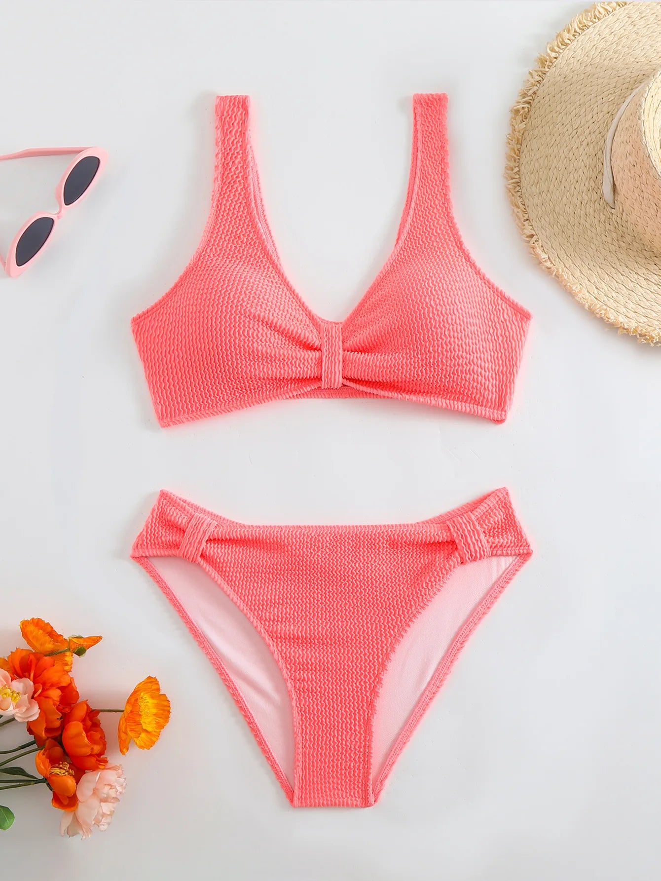 2025 Summer New Women's 2 Piece Swimsuit Solid Color High Waist Bikini Set V-neck Backless Beach Vacation Bathing Suit Swimwear