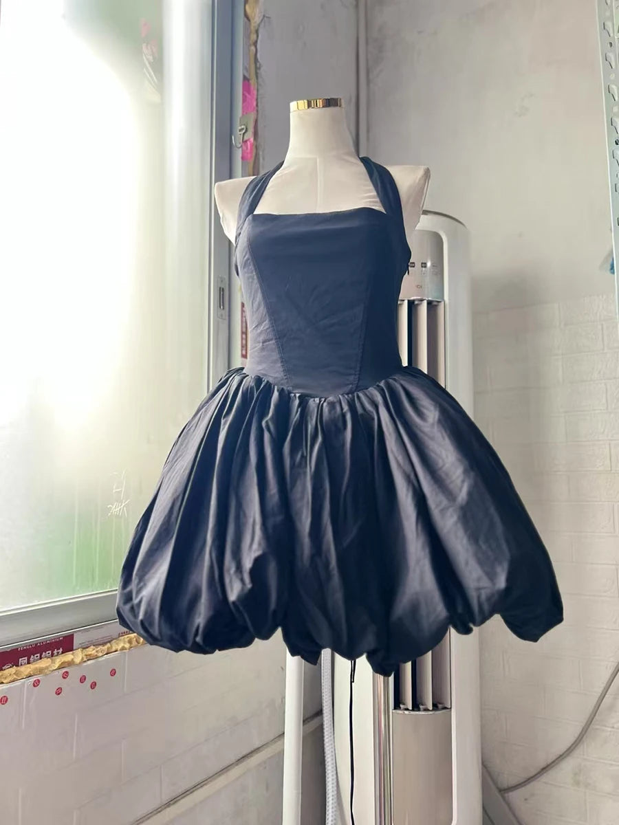 VGH Sexy Temperament Tunic Ball Gown for Women Halter Sleeveless Patchwork Lace Up Short Prom Dresses Female Clothing Fashion