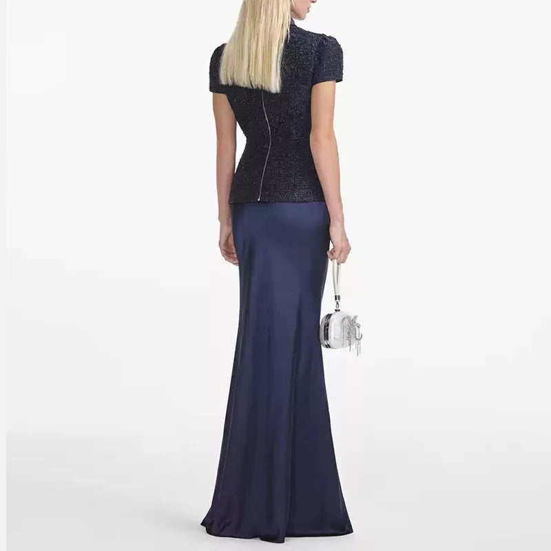 Maxi Formal Luxury Evening Dresses Women Summer Autumn Single Breasted Crystal Satin Tweed Long Dress Blue Party Dinner Vestidos