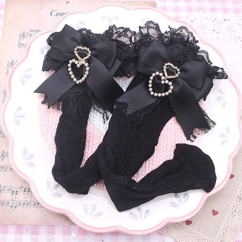 Handmade Sweet Lolita Bow Pearl Heart Pendant Lace Mid-Calf Socks Japanese Style Cotton Lace Socks Girls Women