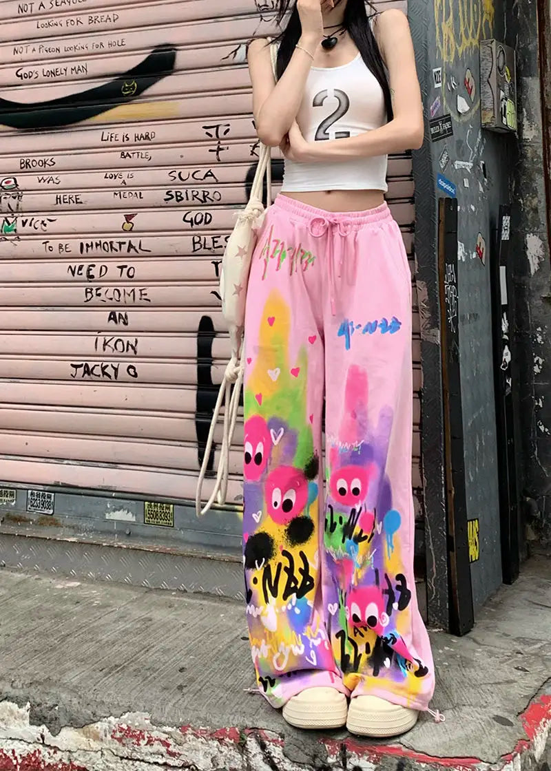 Kawaii Cute Dopamine Graffiti Casual Pants Women Tie Dye Summer Elastic High Waiste Drawstring Pockets Loose Wide Leg Trousers
