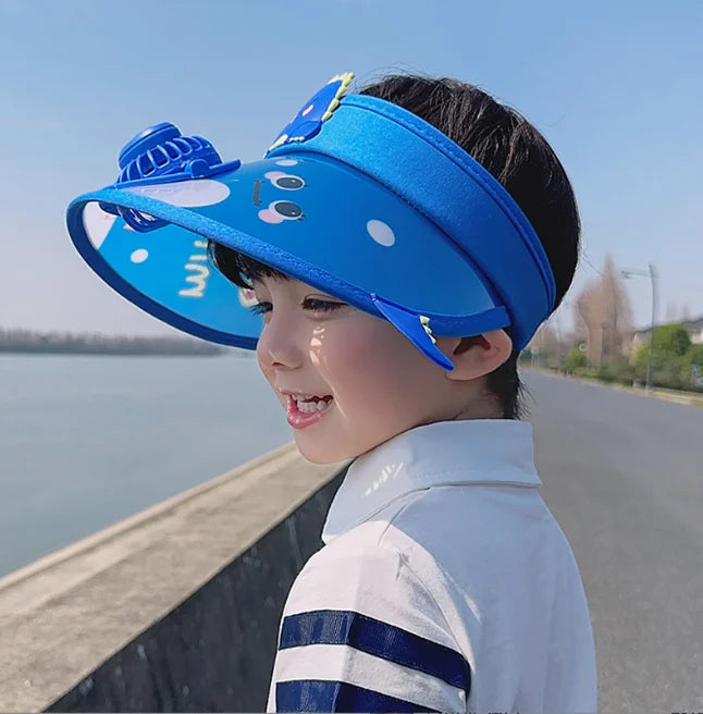 Children's Summer Sun Hat with Fan Sun Protection Hat Cartoon Outdoor Sun Protection Hollow brim Open Top Sun Protection Hat