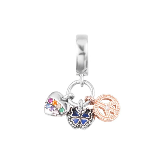Rainbow Heart Butterfly & Peace Triple Beads for Jewelry Making Collier Sterling Silver Pendant S925 Bracelets Valentine's Day